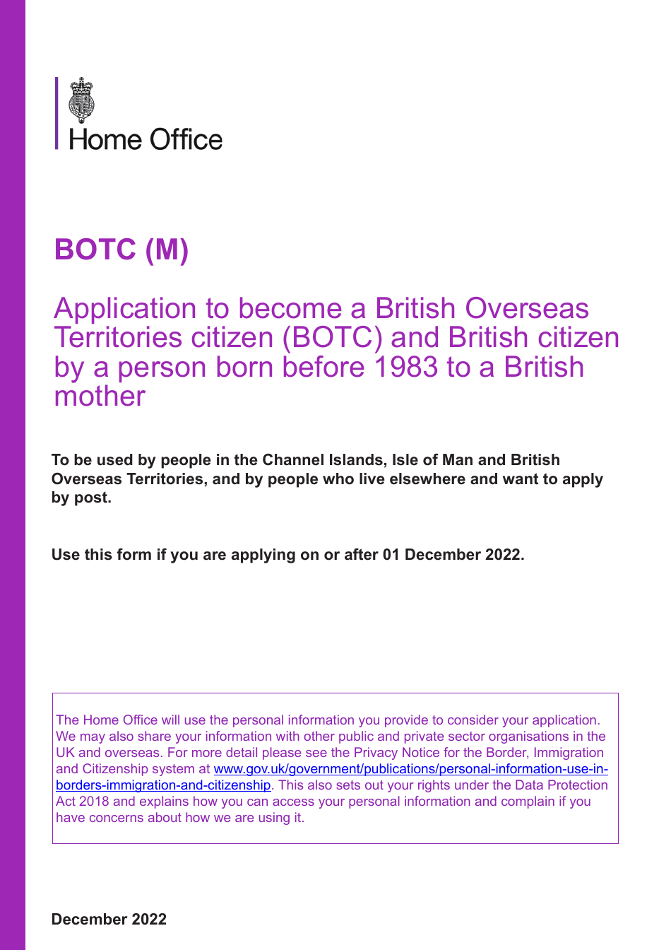 Form BOTC (M) Application to Become a British Overseas Territories Citizen (Botc) and British Citizen by a Person Born Before 1983 to a British Mother - United Kingdom, Page 1