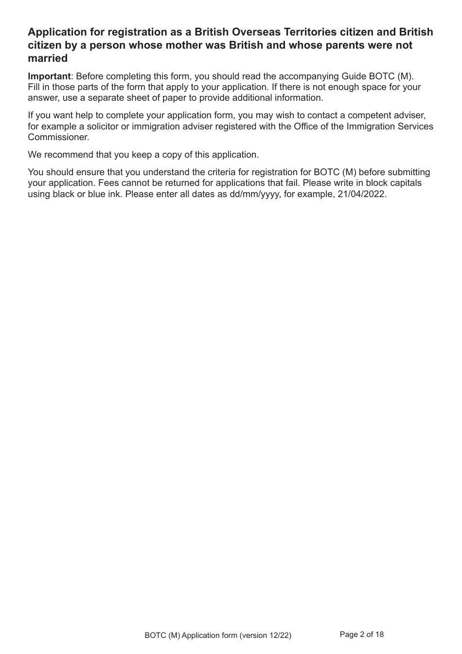 Form BOTC (M) Application to Become a British Overseas Territories Citizen (Botc) and British Citizen by a Person Born Before 1983 to a British Mother - United Kingdom, Page 2