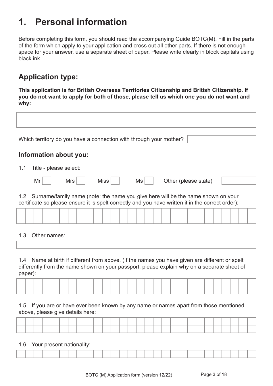 Form BOTC (M) Application to Become a British Overseas Territories Citizen (Botc) and British Citizen by a Person Born Before 1983 to a British Mother - United Kingdom, Page 3