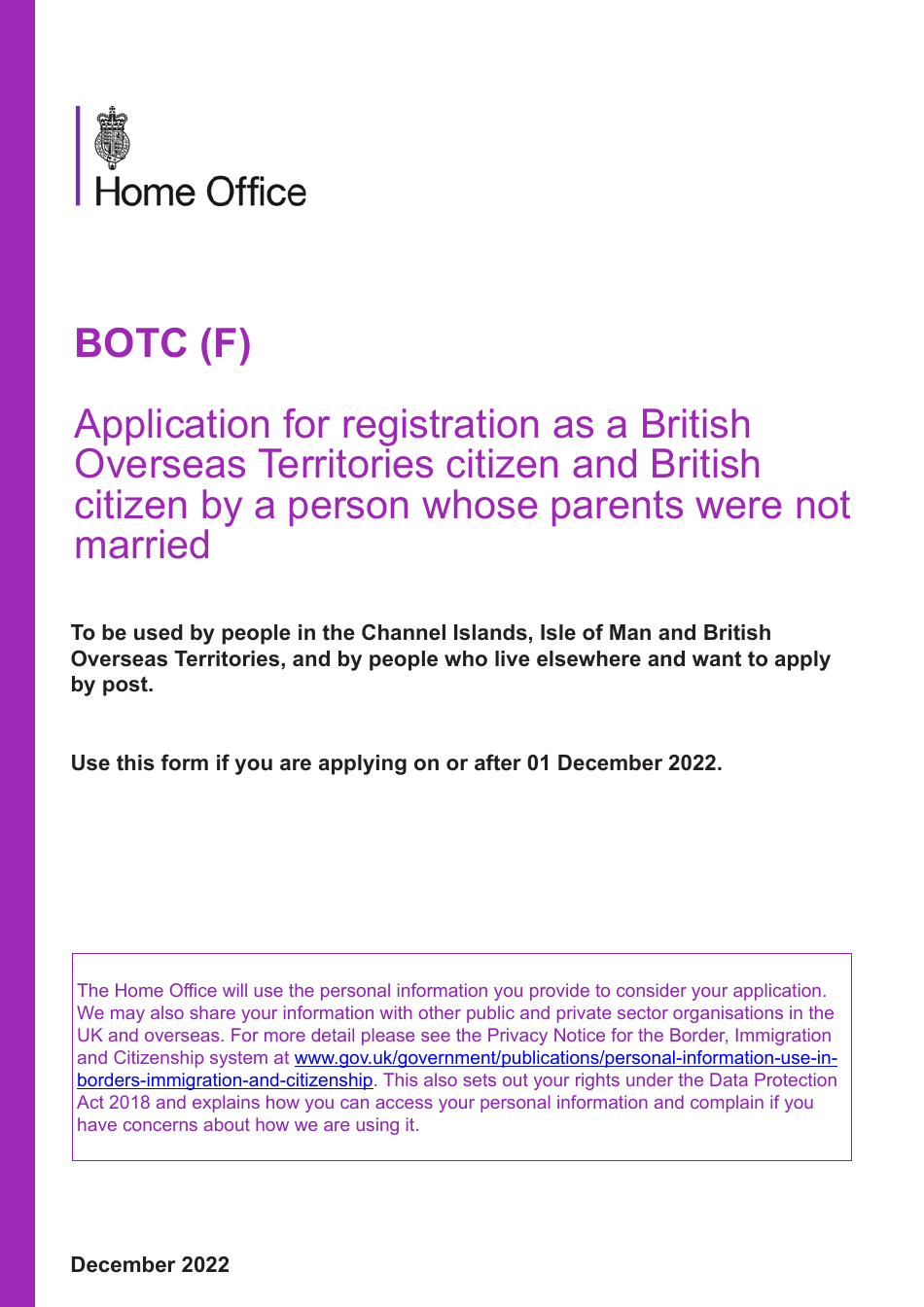 Form BOTC (F) Application for Registration as a British Overseas Territories Citizen and British Citizen by a Person Whose Parents Were Not Married - United Kingdom, Page 1