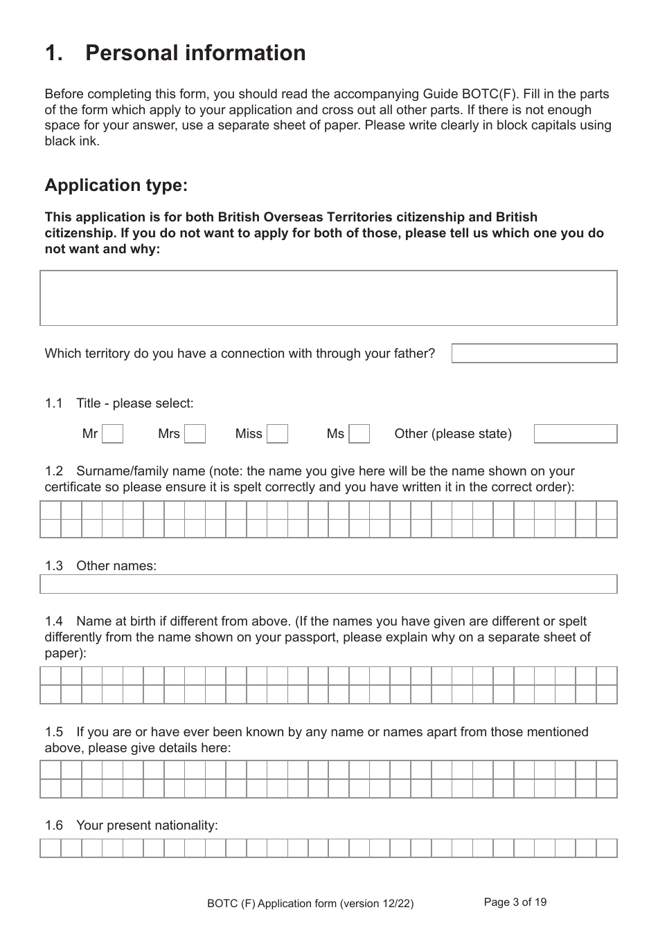 Form BOTC (F) Application for Registration as a British Overseas Territories Citizen and British Citizen by a Person Whose Parents Were Not Married - United Kingdom, Page 3