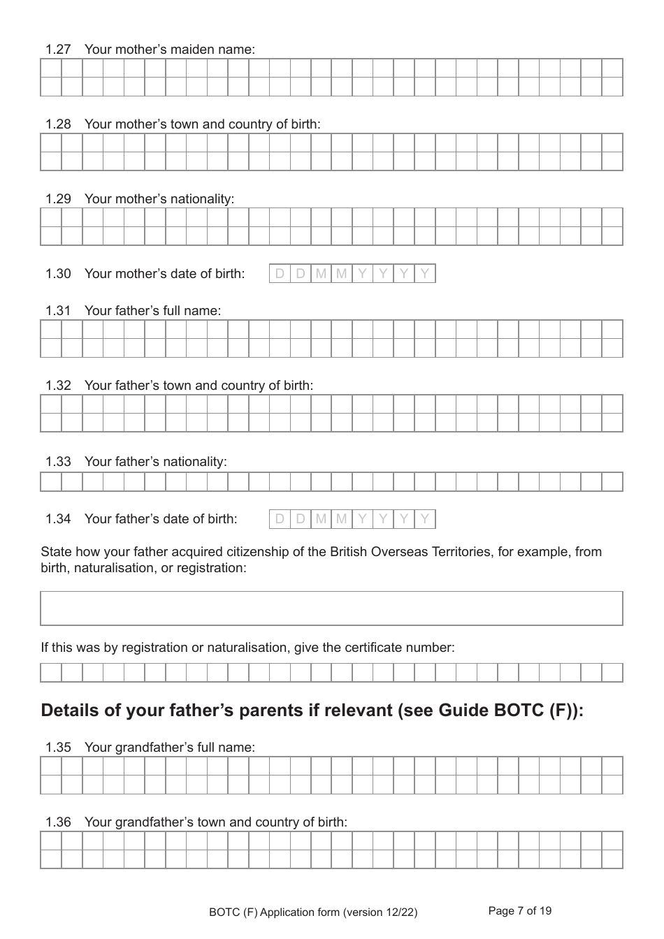 Form BOTC (F) Application for Registration as a British Overseas Territories Citizen and British Citizen by a Person Whose Parents Were Not Married - United Kingdom, Page 7