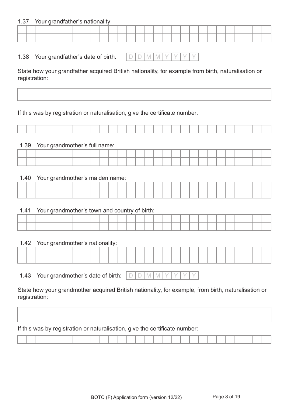 Form BOTC (F) Application for Registration as a British Overseas Territories Citizen and British Citizen by a Person Whose Parents Were Not Married - United Kingdom, Page 8
