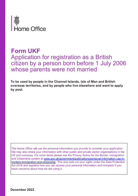 Form UKF Application for Registration as a British Citizen by a Person Born Before 1 July 2006 Whose Parents Were Not Married - United Kingdom