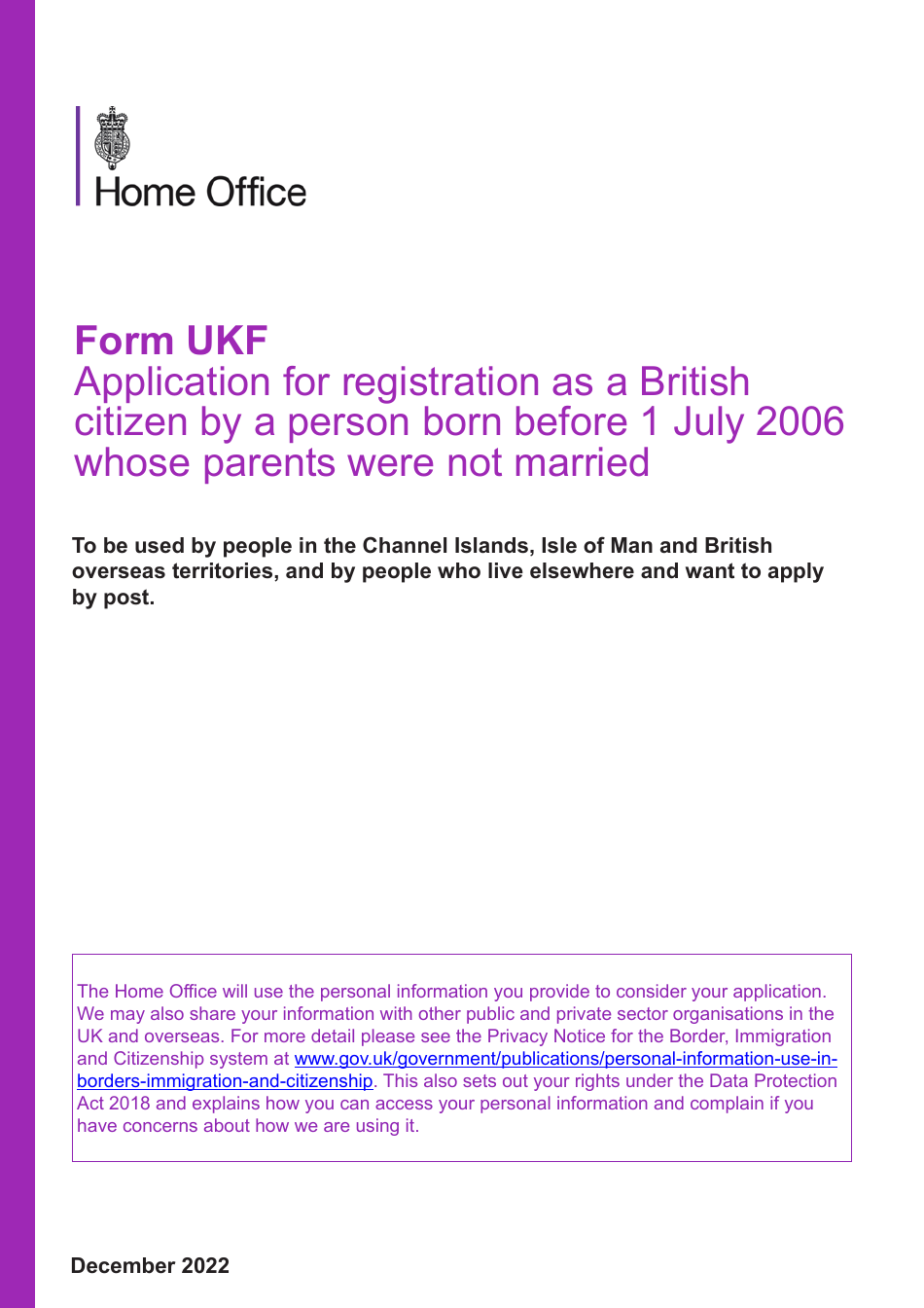 Form UKF Application for Registration as a British Citizen by a Person Born Before 1 July 2006 Whose Parents Were Not Married - United Kingdom, Page 1