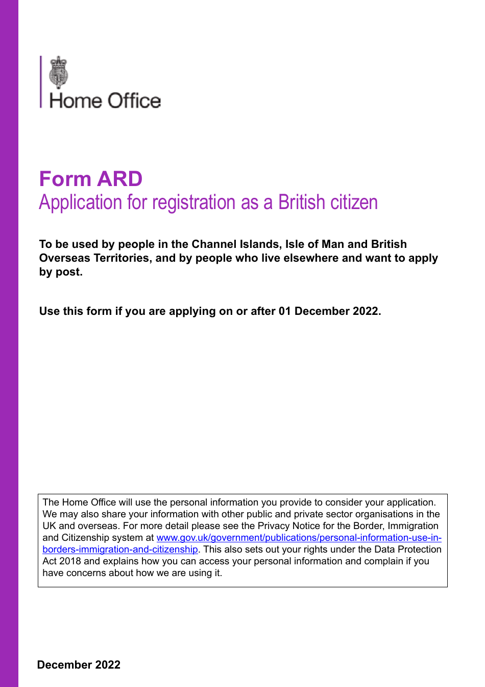 Form ARD Application for Registration as a British Citizen - United Kingdom, Page 1