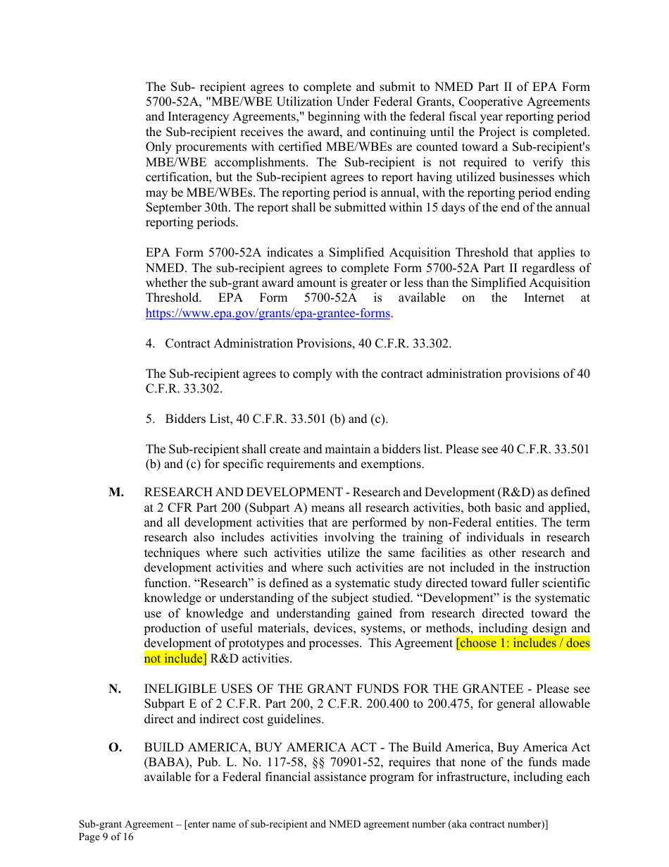 Attachment B Sample Sub-grant Agreement - Federal Clean Water Act Section 604b Grant - New Mexico, Page 10
