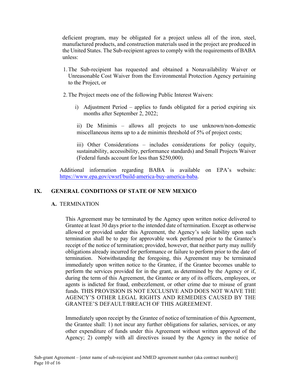 Attachment B Sample Sub-grant Agreement - Federal Clean Water Act Section 604b Grant - New Mexico, Page 11