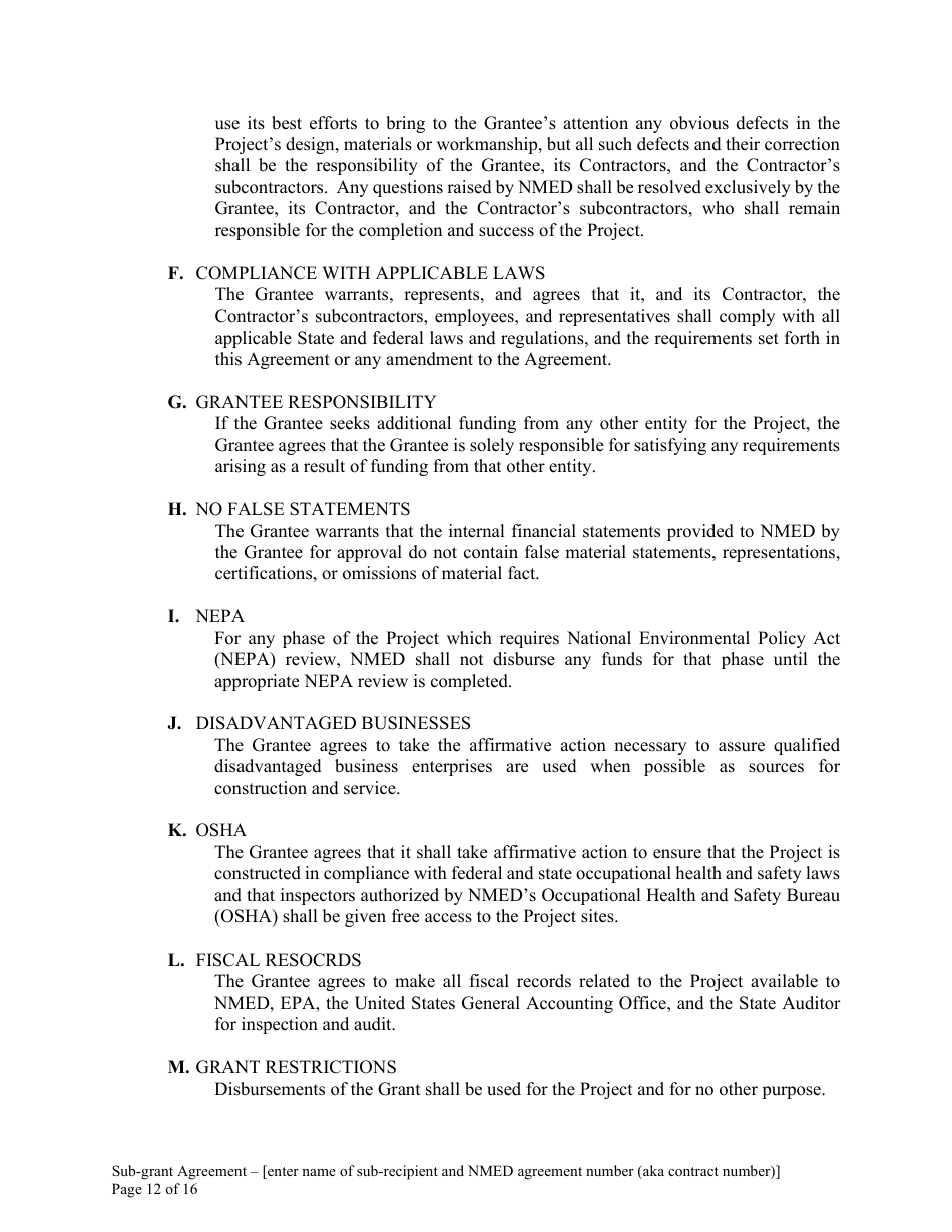 Attachment B Sample Sub-grant Agreement - Federal Clean Water Act Section 604b Grant - New Mexico, Page 13