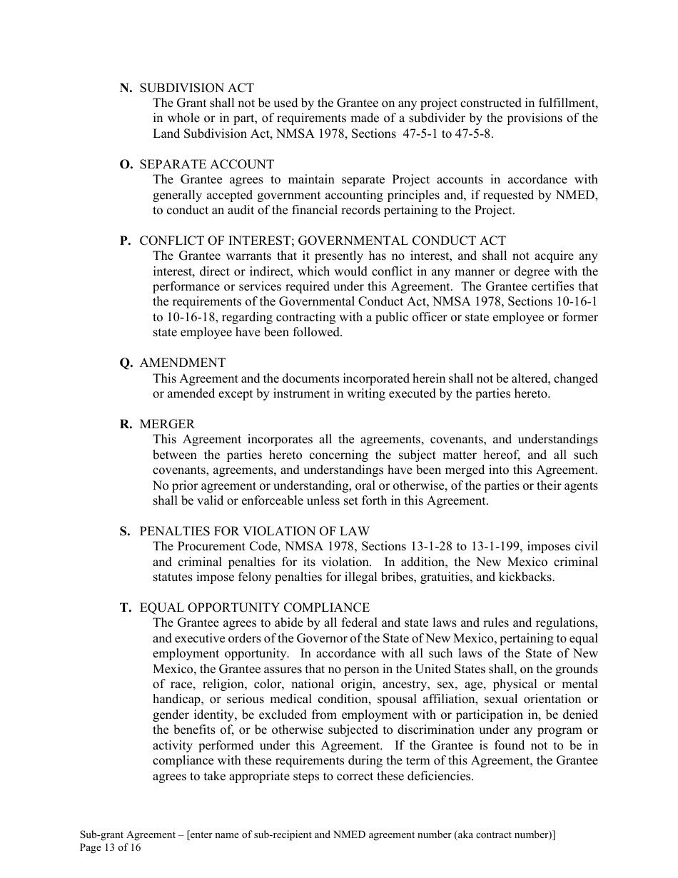 Attachment B Sample Sub-grant Agreement - Federal Clean Water Act Section 604b Grant - New Mexico, Page 14