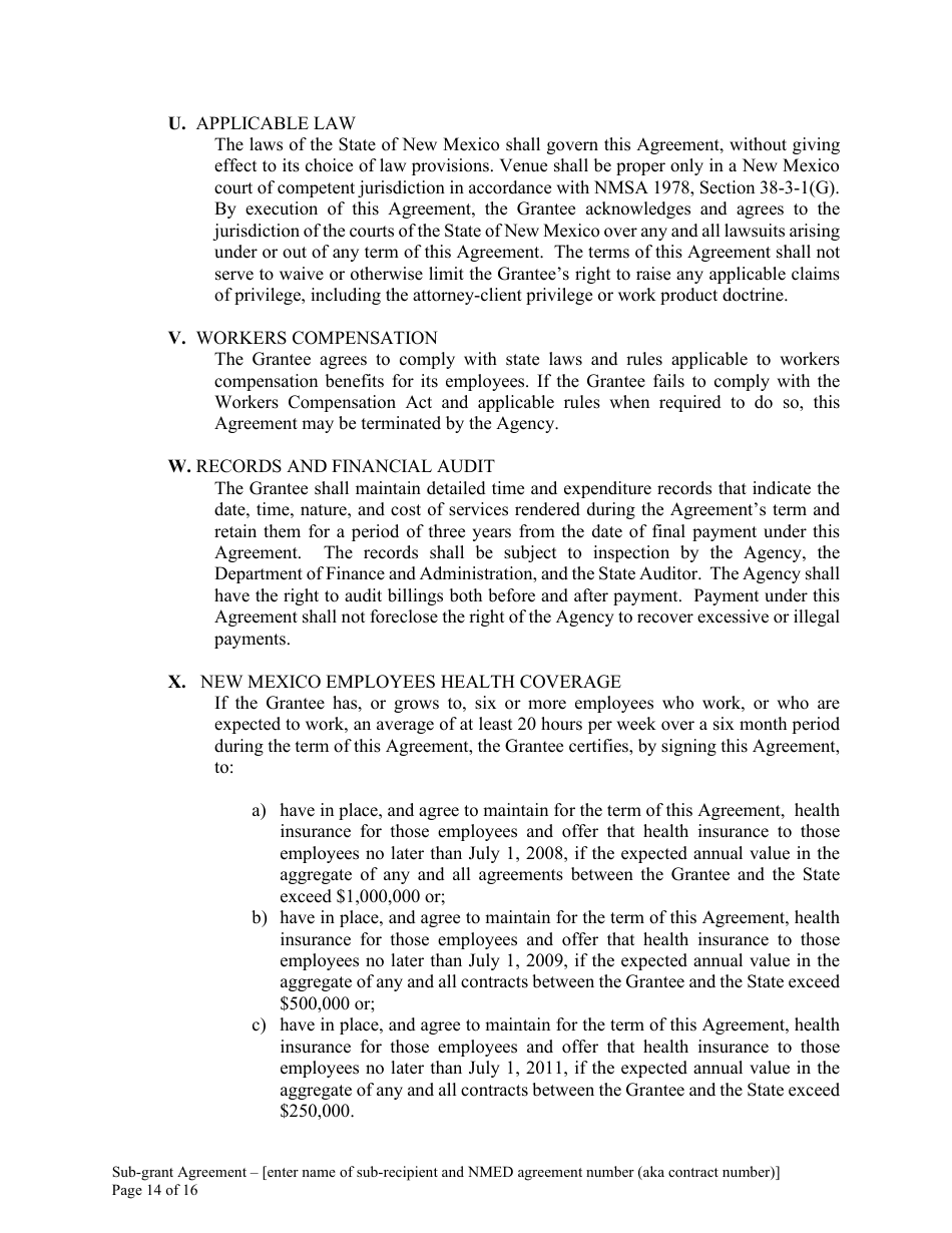 Attachment B Sample Sub-grant Agreement - Federal Clean Water Act Section 604b Grant - New Mexico, Page 15