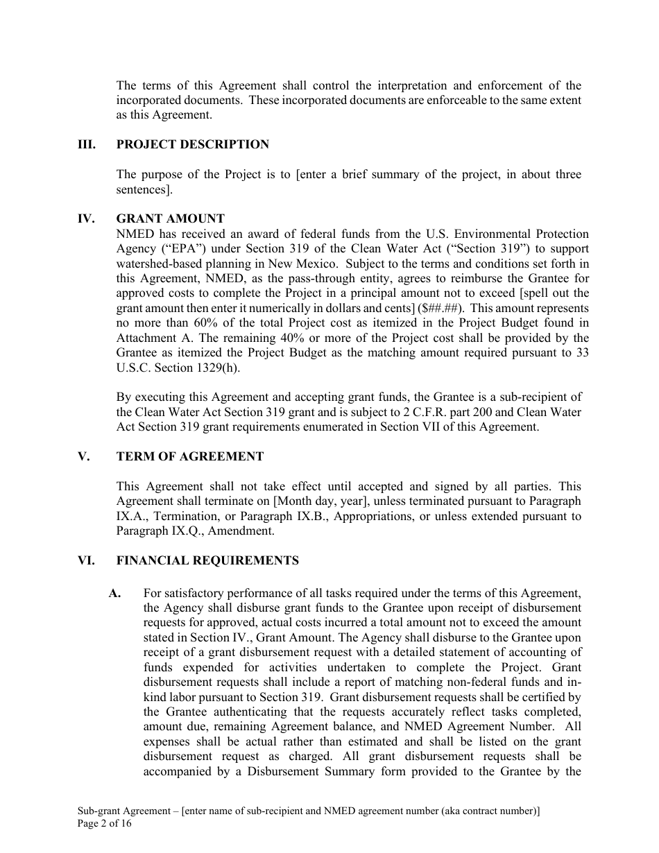 Attachment B Sample Sub-grant Agreement - Federal Clean Water Act Section 604b Grant - New Mexico, Page 3