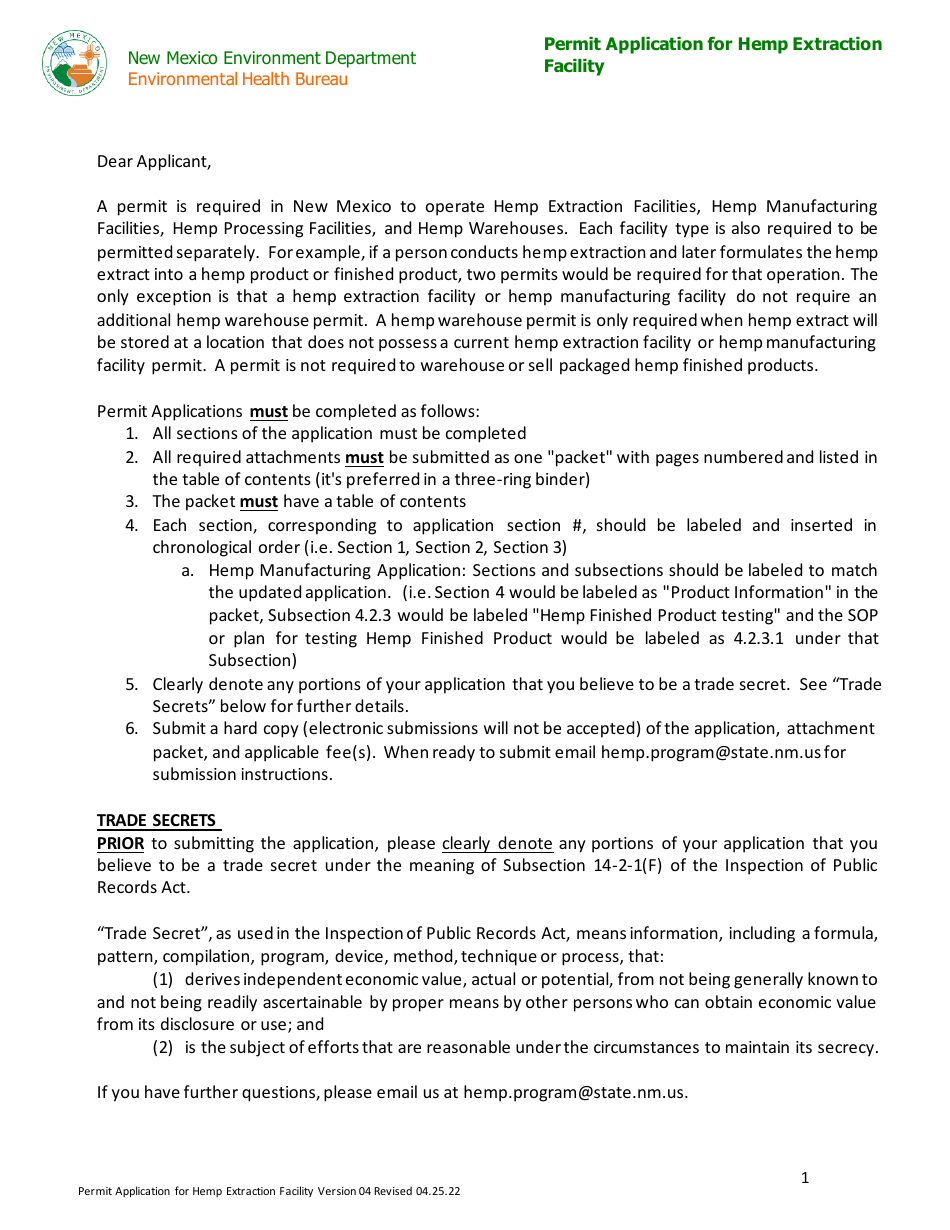 Permit Application for Hemp Extraction Facility - New Mexico, Page 1