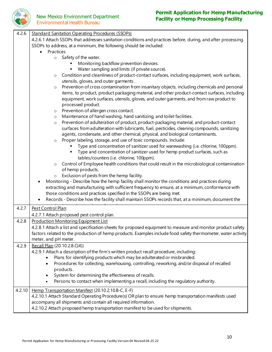 Permit Application for Hemp Manufacturing Facility or Hemp Processing Facility - New Mexico, Page 10