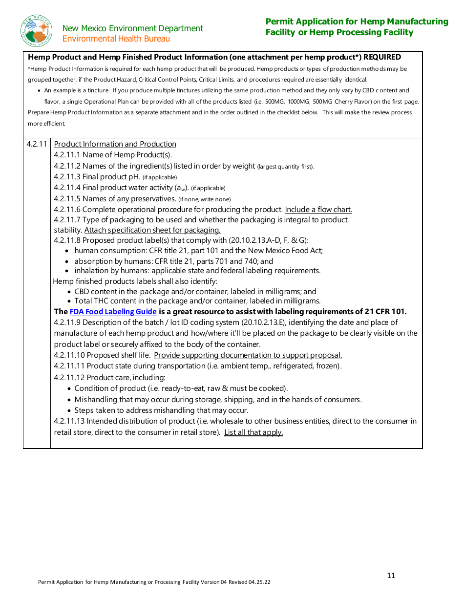 Permit Application for Hemp Manufacturing Facility or Hemp Processing Facility - New Mexico, Page 11