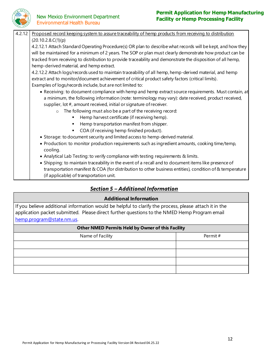 Permit Application for Hemp Manufacturing Facility or Hemp Processing Facility - New Mexico, Page 12