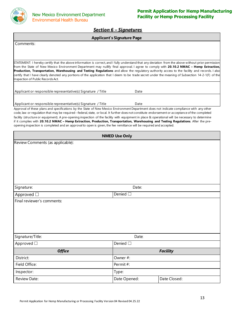 Permit Application for Hemp Manufacturing Facility or Hemp Processing Facility - New Mexico, Page 13