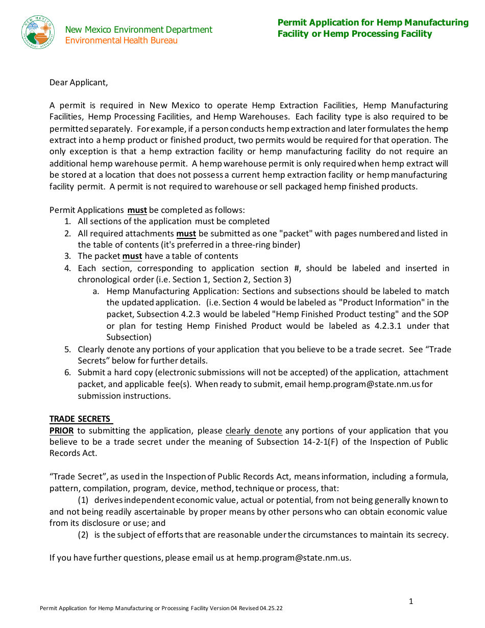 Permit Application for Hemp Manufacturing Facility or Hemp Processing Facility - New Mexico, Page 1