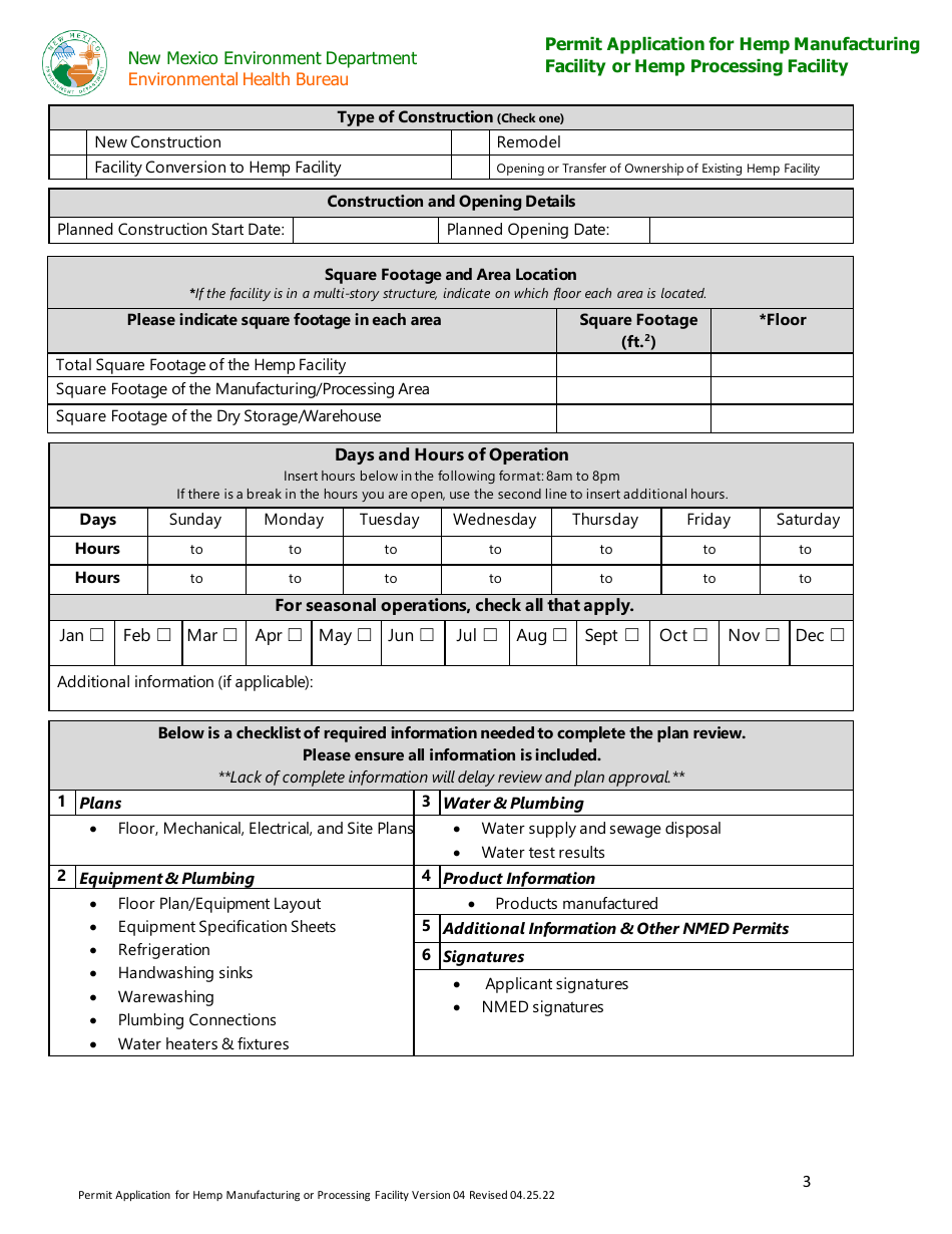 Permit Application for Hemp Manufacturing Facility or Hemp Processing Facility - New Mexico, Page 3