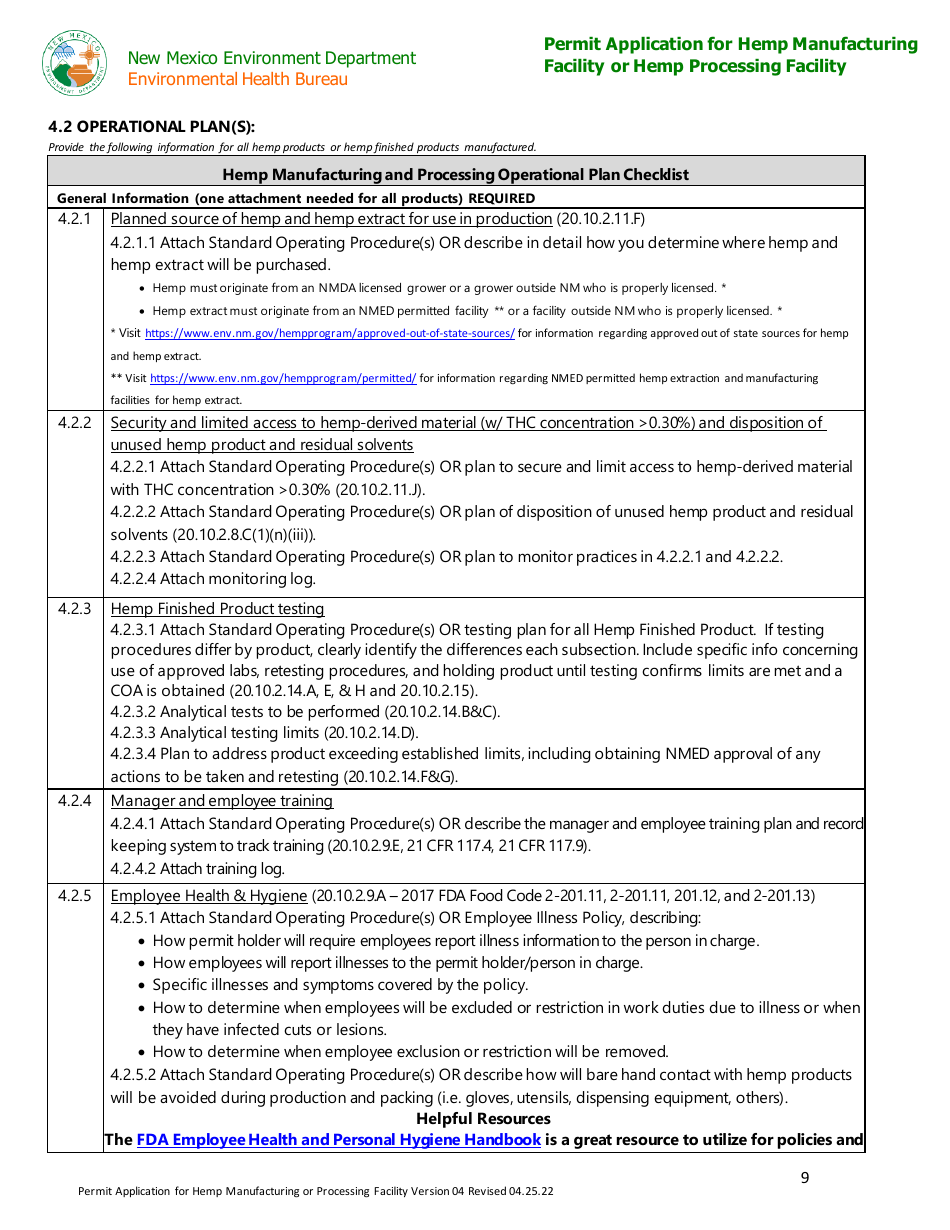 Permit Application for Hemp Manufacturing Facility or Hemp Processing Facility - New Mexico, Page 9