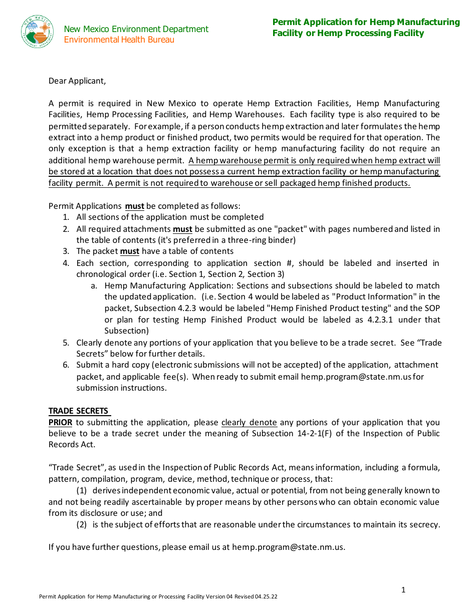 Hemp Warehouse Permit Application - New Mexico, Page 1