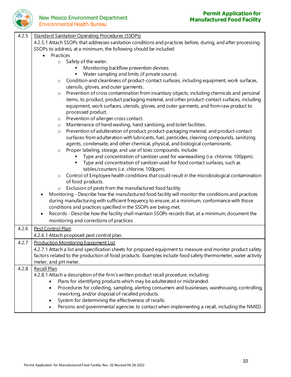 Permit Application for Manufactured Food Facility - New Mexico, Page 10