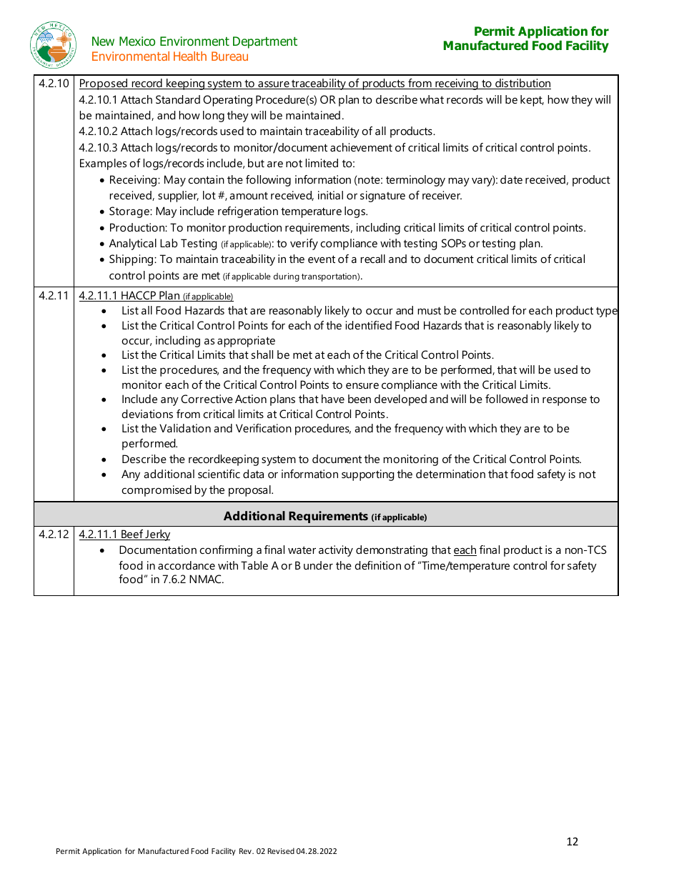 Permit Application for Manufactured Food Facility - New Mexico, Page 12