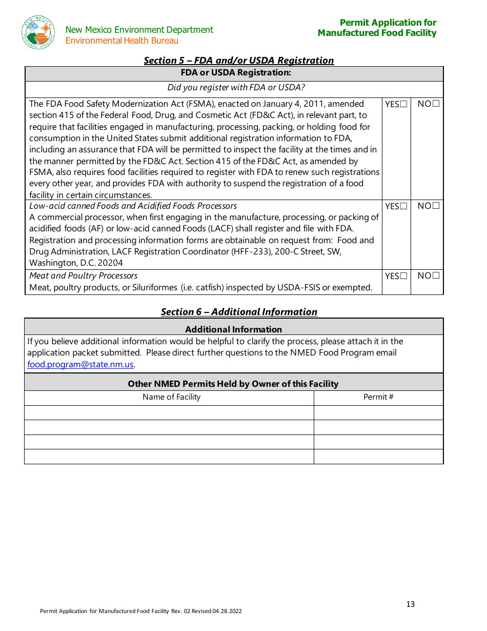 Permit Application for Manufactured Food Facility - New Mexico, Page 13