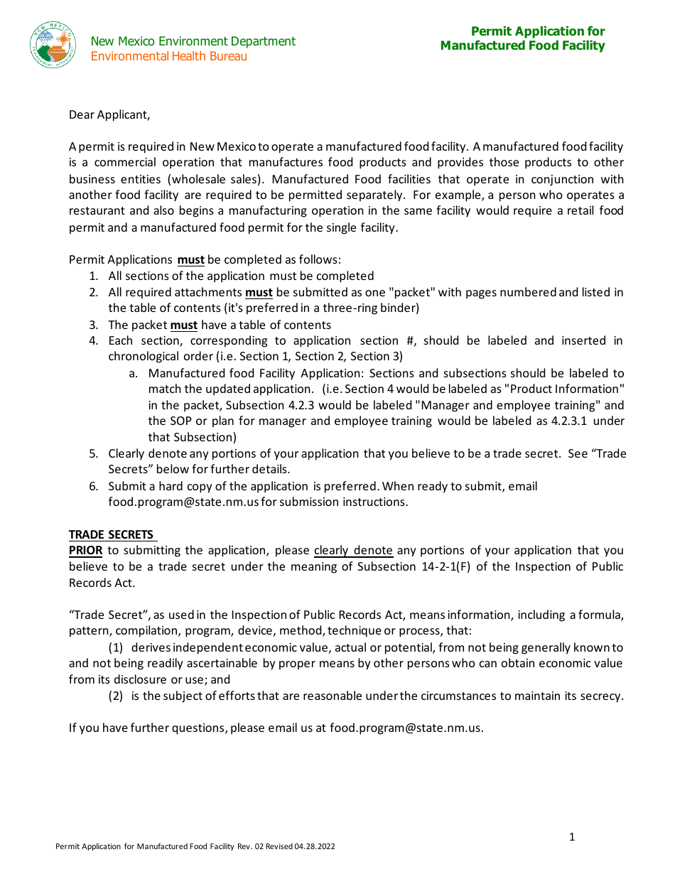 Permit Application for Manufactured Food Facility - New Mexico, Page 1
