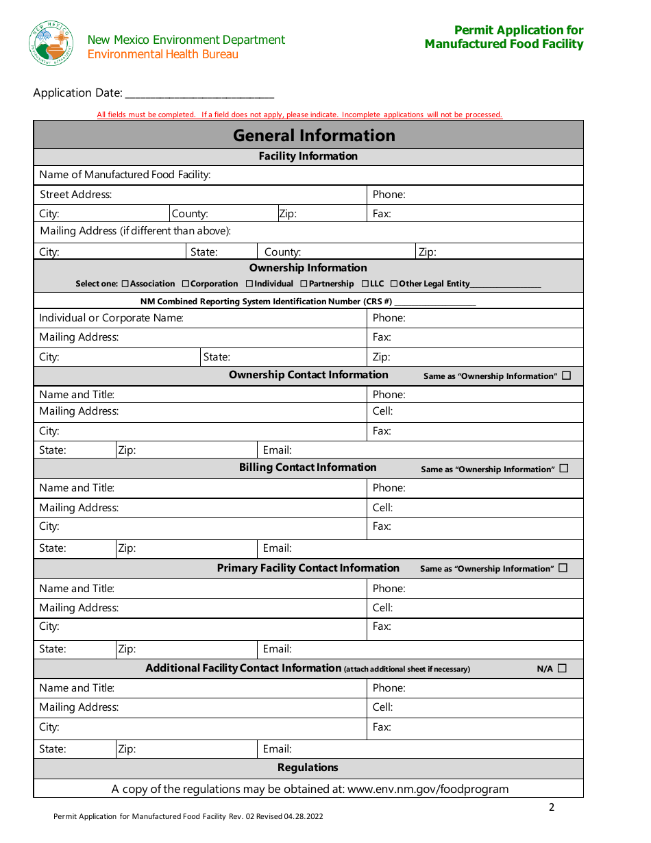 Permit Application for Manufactured Food Facility - New Mexico, Page 2