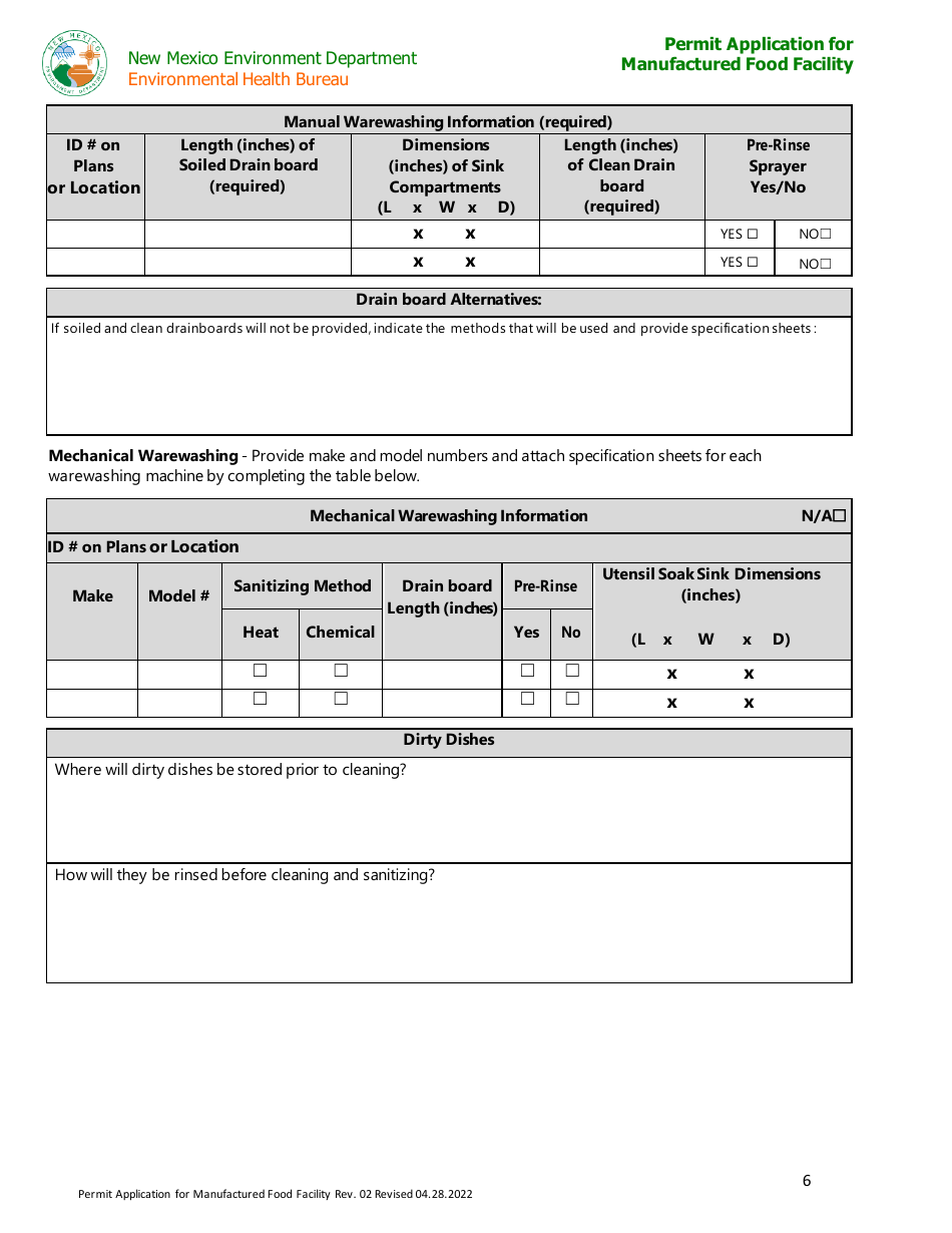 Permit Application for Manufactured Food Facility - New Mexico, Page 6