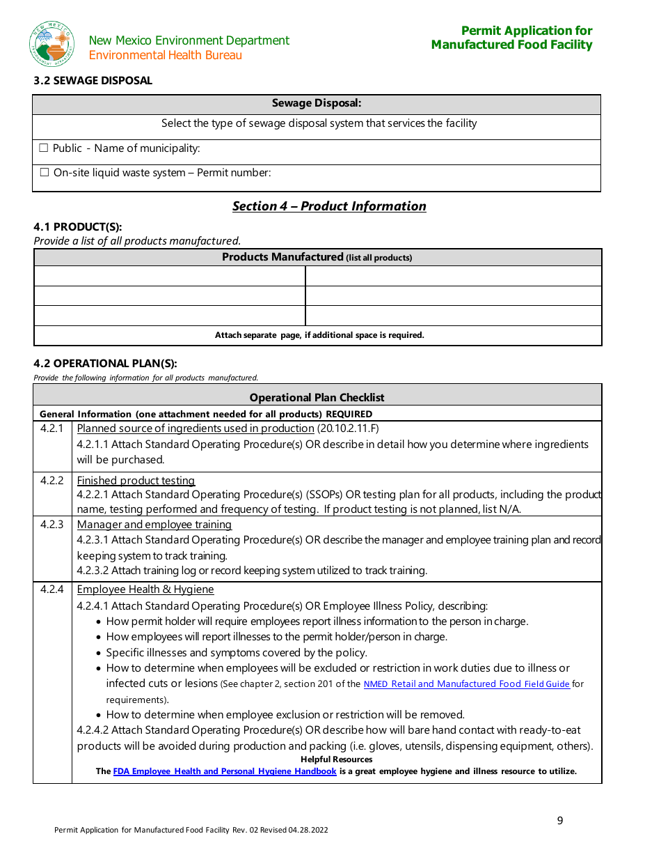 New Mexico Permit Application For Manufactured Food Facility Fill Out   Page 9 Thumb 950 