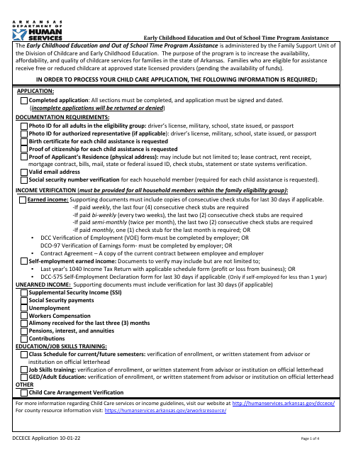 Early Childhood Education and out of School Time Program Assistance Application - Arkansas Download Pdf