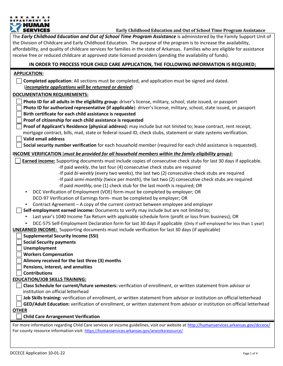 Early Childhood Education and out of School Time Program Assistance Application - Arkansas, Page 1