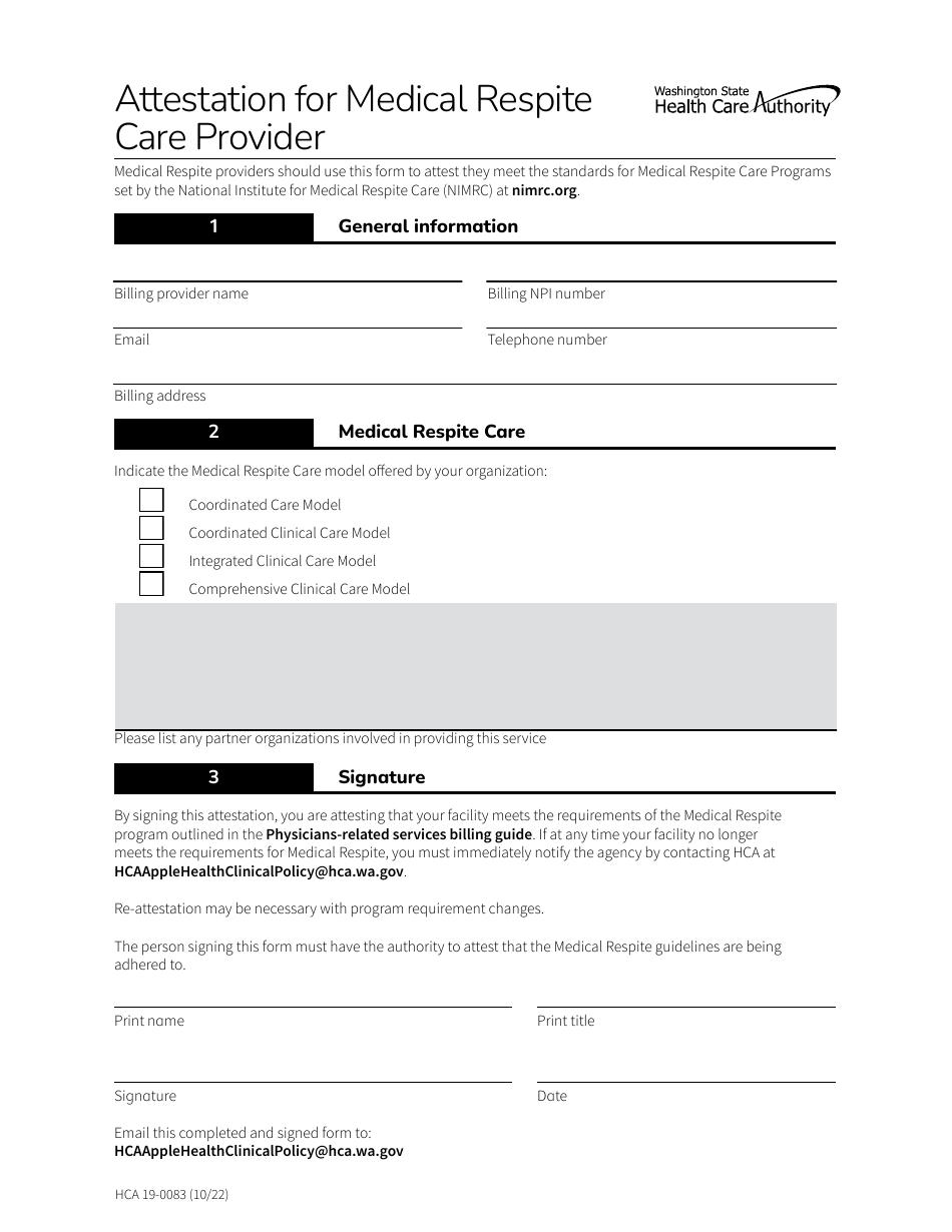 Form HCA19-0083 Attestation for Medical Respite Care Provider - Washington, Page 1