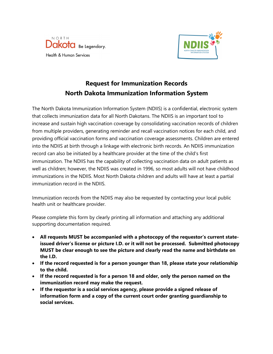 Form SFN58454 North Dakota Immunization Record Request - North Dakota, Page 1