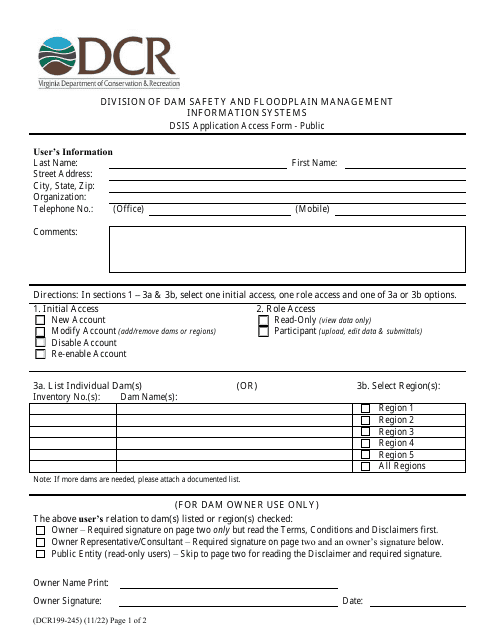 Form DCR199-245 Dsis Application Access Form - Public - Virginia