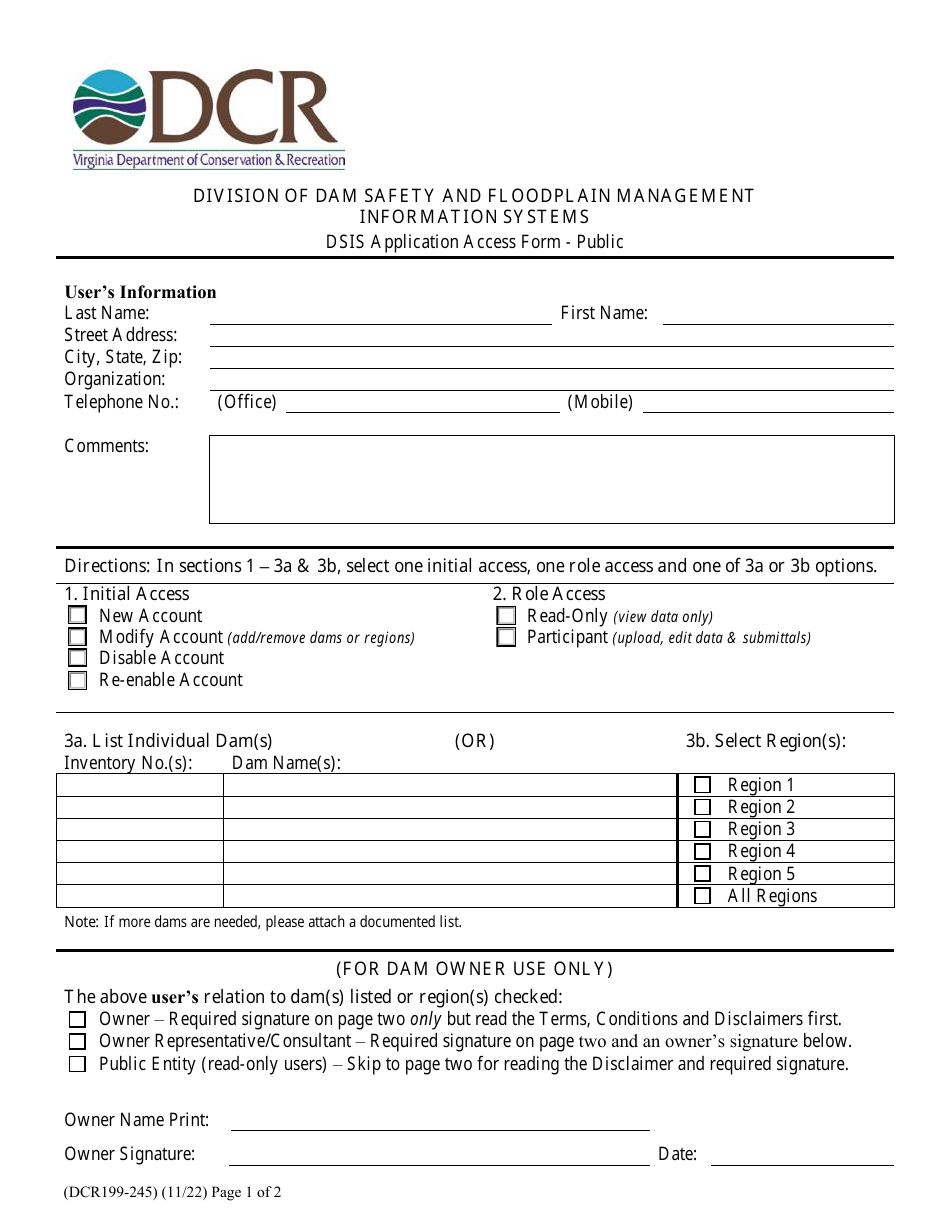Form DCR199-245 Dsis Application Access Form - Public - Virginia, Page 1