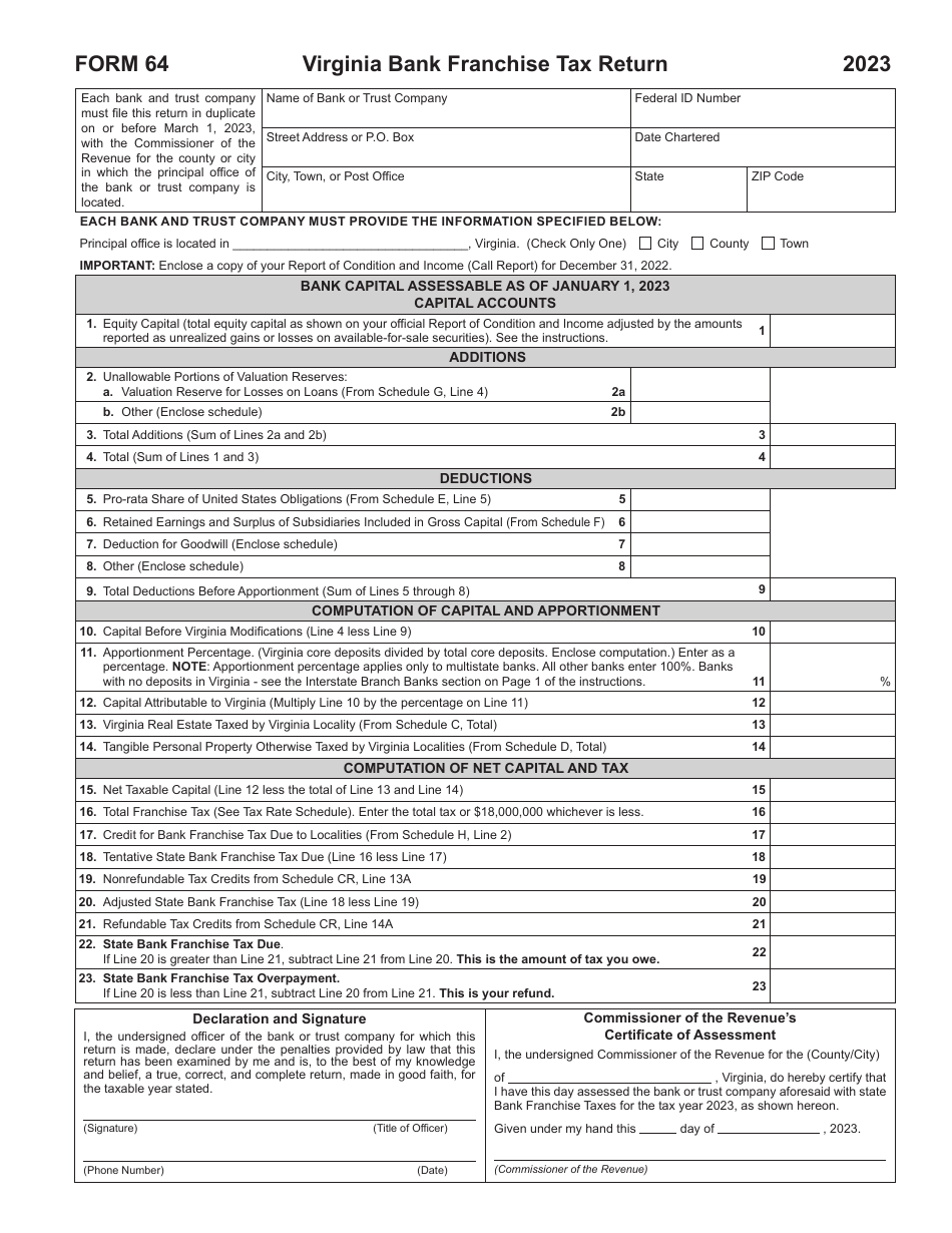Form 64 Virginia Bank Franchise Tax Return - Virginia, Page 11