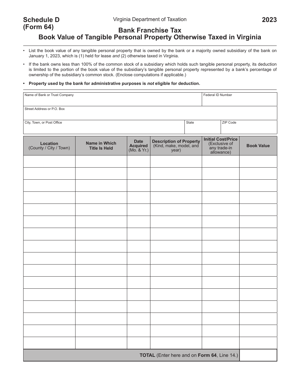 Form 64 Virginia Bank Franchise Tax Return - Virginia, Page 17