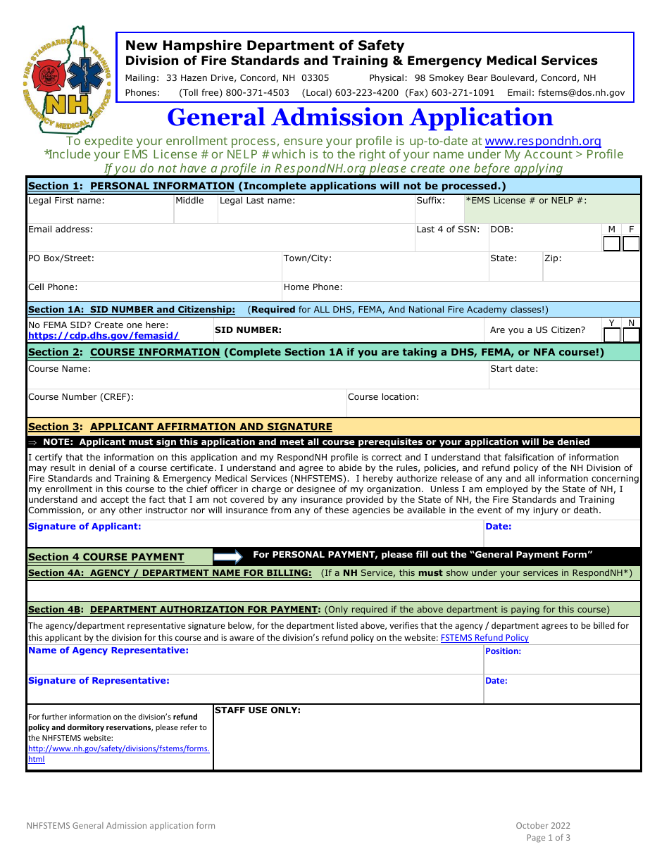 General Admission Application - New Hampshire, Page 1