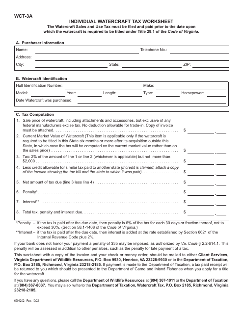 Form WCT-3A Individual Watercraft Tax Worksheet - Virginia