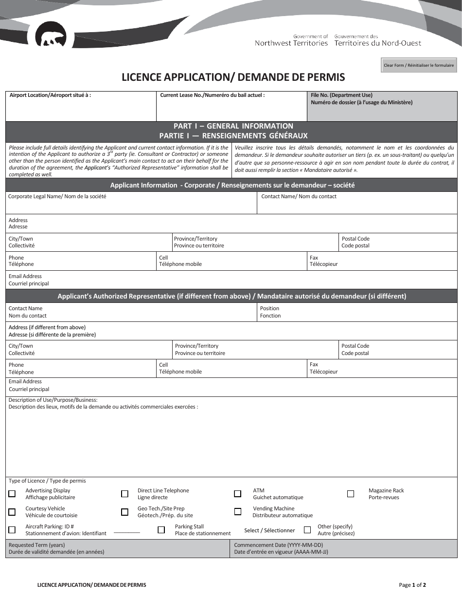 Licence Application - Northwest Territories, Canada (English / French), Page 1
