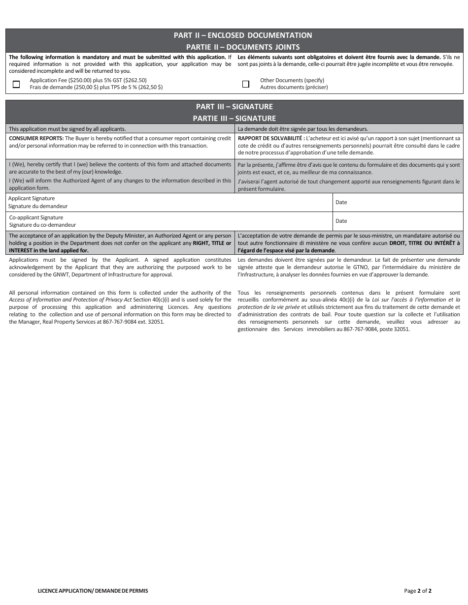 Licence Application - Northwest Territories, Canada (English / French), Page 2