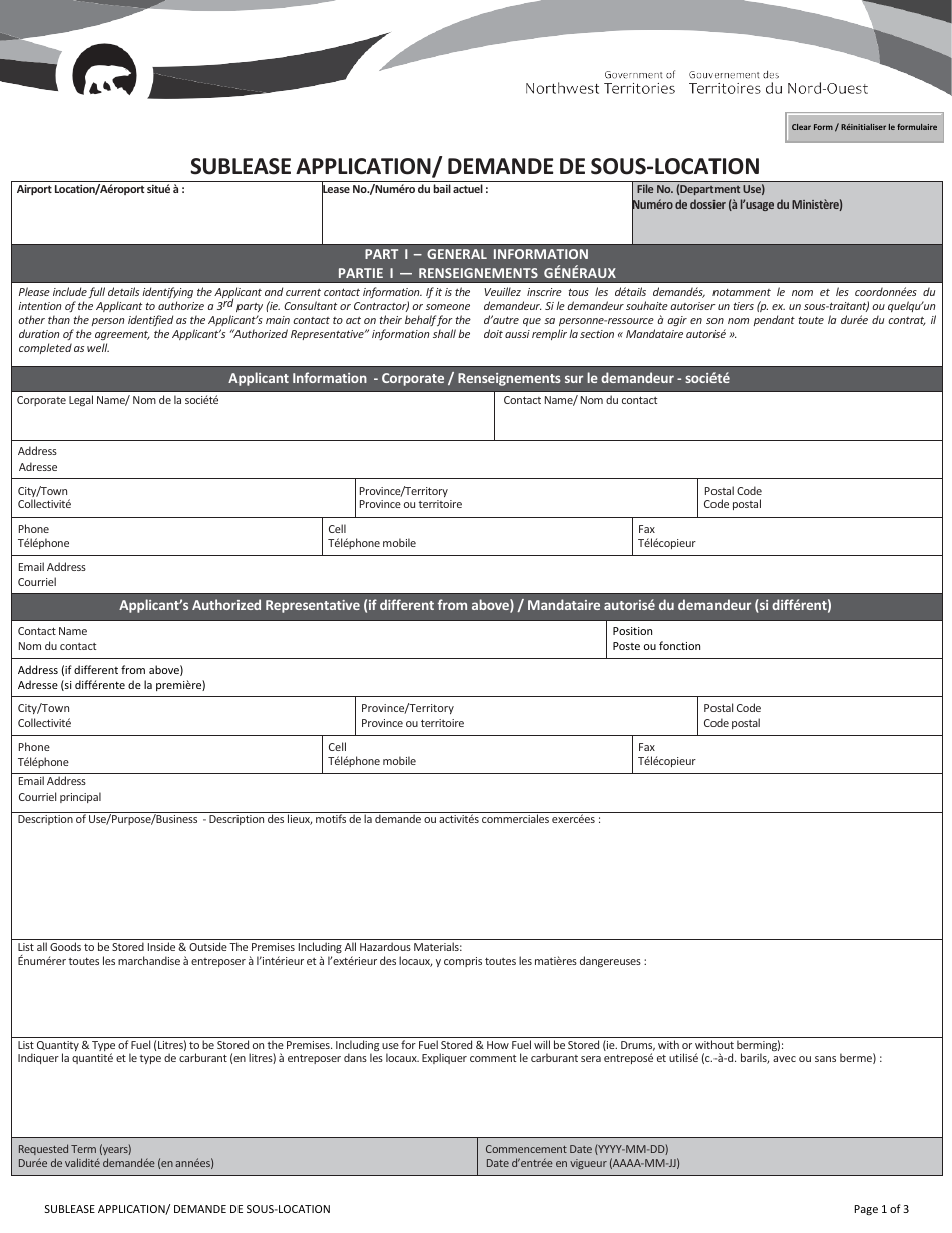 Sublease Application - Northwest Territories, Canada (English / French), Page 1
