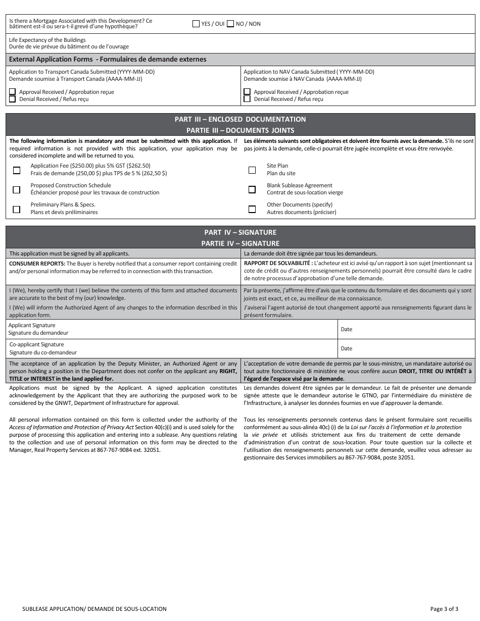 Sublease Application - Northwest Territories, Canada (English / French), Page 3