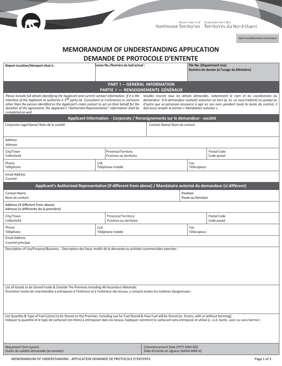 Memorandum of Understanding Application - Northwest Territories, Canada (English / French), Page 1