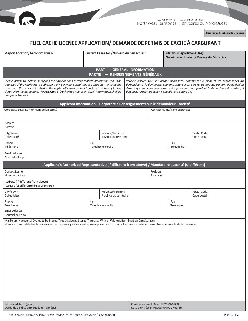 Fuel Cache Licence Application - Northwest Territories, Canada (English / French), Page 1