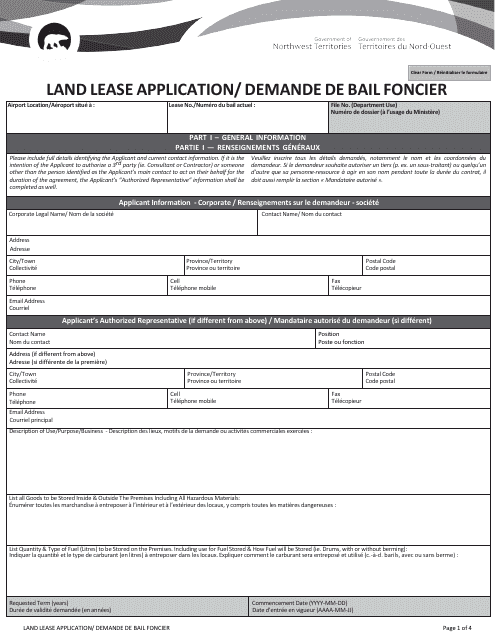 Land Lease Application - Northwest Territories, Canada (English / French) Download Pdf