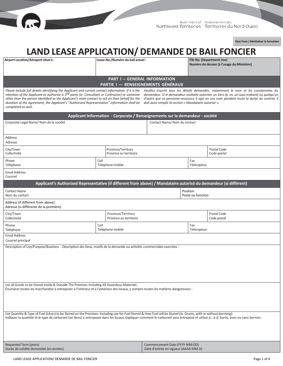 Northwest Territories Canada Land Lease Application (English/French